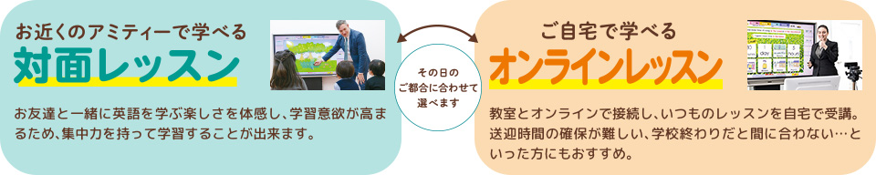 お近くのアミティーで学べる「対面レッスン」　ご自宅で学べる「オンラインレッスン」　その日のご都合に合わせて選べます