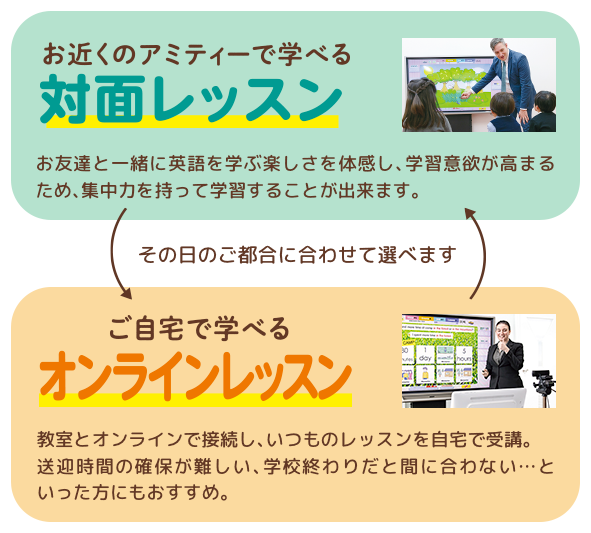 お近くのアミティーで学べる「対面レッスン」 ご自宅で学べる「オンラインレッスン」 その日のご都合に合わせて選べます